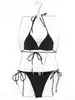 Traje de baño bikini clásico de gran venta europeo y americano para mujer, de tres piezas, color sólido, sexy, ajustado, sin espalda, triángulo, dividido.