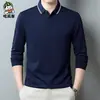 Otoño 2024 Nueva Camiseta de manga larga simple para hombre cuello de polo de mediana edad color de contraste top a rayas 337