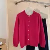 Novidade Outono e Inverno Tricô de Lã 100% Lã Pura Cardigã Gola Redonda Manga Longa Suéter Tricô Feminino Jaqueta de Cor Pura