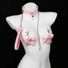 Set de pinzas para pezones de collar SM accesorios, juguete sexual de restricción de orejas de gato de cuero brillante, pinza para pezones con cadena de perlas y diamantes rosas productos eróticos