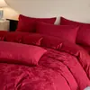 2026 Nuevo Modelo Jacquard Teñido en Hilo 100% Algodón Gasa de Doble Capa Rojo Brillante Serie de Juego de Cuatro Piezas para Boda Versión Sábana de 1.8m Cuatro Piezas