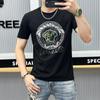 Camiseta Masculina de Manga Curta Artesanato Pesado Europeu Lantejoulas a Laser Moda Masculina Gola Alta Meia-manga Algodão de Seda de Alta Qualidade Tendência
