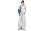 Toma real: Jeans rectos holgados para mujer con estampado de graffiti blanco, nuevos pantalones versátiles de pierna ancha de cintura alta para la primavera-verano 2026