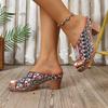 Sandalias de Tacón Alto de Una Tira Estilo Étnico de Talla Grande para Mujer, Comercio Exterior Europeo y Americano, Chanclas Casuales con Tacón Grueso y Punta Abierta, Graffiti Transfronterizo Wish