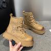 Botas Amarillas para Mujer con Diseño Hueco, Nuevo Modelo 2024, Botas de Cuero Genuino para Mujer con Aumento Oculto de Altura, Botas Martin Huecas para Mujer, Verano