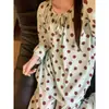 Conjunto de pijama feminino para primavera e outono, manga longa e calça longa, com bolinhas azuis e marrons, gola redonda, estilo amarração, roupa de casa, atacado para vendas transfronteiriças