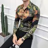 Camisa de manga larga de moda europea y americana para hombre, estilo coreano ajustado, personalizada, moderna, con estampado de flores, retro europeo 1913C Verde-P