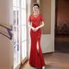 Vestido Azul para Reunião Anual de Banquete para Mulheres 2026 Novo Estilo Luxo Leve Sofisticado Elegante Socialite Cauda de Peixe Apresentadora Vestido Longo