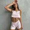2026 Rosa Outono Novo Conjunto de Pijama com Camisola e Shorts de Tricô Canelado Estampado Confortável para Mulheres Roupas de Casa Transfronteiriças