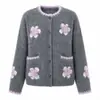 Cardigã de malha jacquard pelúcia com gola redonda para mulheres, cardigã solto floral com blocos de cor de boutique, top estilo jovem