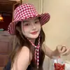 Sombrero de Cubo de Encaje a Cuadros Dulces Estilo Japonés para Mujer, Sombrero de Sol Versátil de Ala Ancha para Verano, Sombrero de Sol con Protección UV