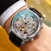 Reloj de lujo para hombre más vendido transfronterizo con relieve dorado, esfera calada a doble cara y correa de cuero con números romanos