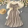 Vestido floral adelgazante estilo hada retro francés, fresco y sencillo, con cintura alta, cordón, cintura plisada y un bajo amplio acampanado