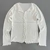 Blusa de tricô com babados estilo coreano, novo modelo de outono, respirável, casual, versátil, fina, proteção solar, manga longa feminina
