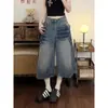 Comercio transfronterizo talla grande diseño de mujer retro lavado incrustado con diamantes verano holgado segmento de bambú americano capris de pierna ancha de mezclilla de moda