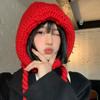 Gorro de lana con cordones para mujer, bonito y dulce gorro de Caperucita Roja, tejido para otoño e invierno, con protección para las orejas, estilo coreano, cálido y combinable con todo.