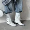 Botas tipo Martin de Tacón Medio con Hebilla para Mujer, Botas de Media Caña, Nuevo Estilo Otoño, Piel Genuina, Punta Cuadrada, Color Desgastado, Botas Individuales, Botas de Motociclista