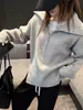 Suéter pullover feminino estilo coreano com design de zíper, cor sólida elegante, fenda lateral simples, versátil, top solto e que afina
