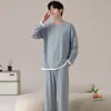 Pijama de Algodón Puro Cuello Redondo para Hombre Primavera Otoño Invierno Nuevo Alta Calidad Manga Larga Pantalón Largo Tallas Grandes Casual Ropa de Casa Conjunto Exterior