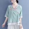 Roupas Femininas de Algodão e Linho 2023, Color Block, Gola Assimétrica, Bordado, Manga Média, Blusa Artística com Decote V, Camisa Retro Estilo Chinês, Roupa para Chá