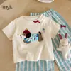 Conjunto de Ropa de Verano para Niñas Ningli Nuevo Elegante Estampado de Perro de Dibujos Animados Pantalones de Pierna Ancha para Niñas Conjunto Casual de Dos Piezas para Verano