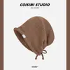 Chapéu de tricô estilo preguiçoso japonês cor pura folgado para mulheres com cordões para amarrar cobertura para a cabeça aba dobrada faz o rosto parecer menor gorro versátil moderno