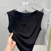 Camisola com Renda Feminina Verão Peça Externa Cobrindo Seios Laterais 2025 Novo Top Curto Preto Colete sem Mangas Camiseta