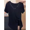 Diseño Talla Plus con Pedrería, Camisa de Manga Corta Lisa con Lazos para Mujer, Nuevo Estilo Verano 2026, Corte Holgado, Top Adelgazante, Versátil