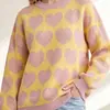 Suéter de punto redondo estilo europeo y americano para mujer con jacquard de corazón, top de punto de manga larga caído, suéter casual dulce