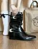 Botas Cortas de Mujer Estilo Western Vintage Chuyuji con Doble Hebilla Metálica, Punta Fina, Tacón Bajo, Botas de Jinete Adelgazantes Fruncidas