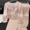 2025 Nuevo Estilo Estilo Dulce Romántico Francés Pantalones de Manga Larga con Volantes Pijama de Seda de Hielo Ropa de Casa para Mujer para Uso Exterior