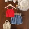 Conjunto Novo de Verão para Meninas Europeias e Americanas: Top de Alcinha Xadrez Bordado Canelado e Shorts Jeans Lavado Conjunto de Duas Peças