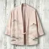 Novo Kimono Capa de Algodão com Fivela Estampa Digital 3D Sete Mangas Camisa Roupão Cardigã Solto Haori