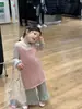 Otoño 2025 Nuevo Estilo Coreano Ropa Infantil Niñas Chaleco de Punto Chaleco de Lana Estilo Occidental Falda Camisola Dulce