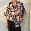 Camisa Floral Retrô Vintage Estilo Hong Kong, Manga Curta Estilo Tailandês-Havaiano, Camisa Elegante e Descolada de Corte Amplo