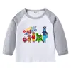 2026 Nova Camiseta Infantil Transfronteiriça Primavera e Outono Gola Redonda Desenho Animado Manga Longa Camisa Básica para Meninos e Meninas Camiseta de Algodão para Bebê