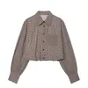 Comércio Exterior Transfronteiriço moda feminina estilo Europeu e Americano nova camisa xadrez de corte amplo top versátil com gola de lapela e detalhes de bolso
