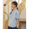 2024 Verano Nuevo Artístico Azul Pequeño Sentido del Diseño Suelto Adelgazante Manga Hombro Manga Corta Camisa Top para Mujer
