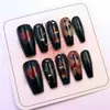 Unhas postiças estilo escuro com estampa de leopardo em formato de coração, únicas e estilosas, nail art de comprimento longo, disponíveis para atacado