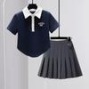 Traje de Verano para Niñas Camiseta de Manga Corta 100% Algodón para Niños Mayores 8 Polos Falda Plisada Estilo Preppy Conjunto Delgado de Dos Piezas