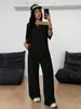 Traje de Calça Larga com Gola Assimétrica Transpassada Europeu e Americano Primavera Verão Feminino Casual Cor Sólida Esportivo Peça Dupla Calça Longa Solta