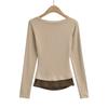 AP24017-24 primavera temprana nuevo estilo americano de deseo puro contraste de color encaje dos piezas falsas cuello en U corte ajustado camiseta de manga larga