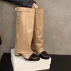 Botas de Equitação de Cano Alto Color Block Estilo Chanel com Salto Alto para Mulheres, Novo Modelo 2026, Botas Longas Cáqui para Primavera, Outono e Inverno