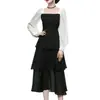 Comercio exterior ropa de mujer 2023 Otoño Nuevo estilo coreano cuello cuadrado elegante dulce rejuvenecedor costura de color contrastante ajustado adelgazante moda