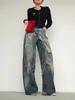 Calça jeans larga de perna reta com corrente 3D estilo americano de rede transfronteiriça para homens e mulheres, nova calça reta com corte curvo de verão 2026, moderna