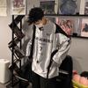 Camiseta de Manga Larga con Costuras Desestructuradas Estampado de Letras en Contraste Estilo Retro Americano para Hombre Otoño Deportes Plata Jersey de Pareja Ins