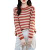 Suéter de Algodão com Gola Redonda Listrado Colorido Solto Pulôver Camisa Base Versátil Top para Mulheres