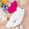 Estilo Europeo y Americano Verano Nuevo Estilo Hombro Descubierto Tirantes Doble Capa Manga Volante Top Color Sólido Pantalones Casuales Traje de Niña
