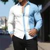 Camisa de manga comprida para comércio exterior transfronteiriço para homens musculosos, gola de lapela color block, elasticidade em quatro direções, camisa sem rugas, direto da fábrica, atacado a partir de uma única peça