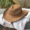 Chapéu de Palha Jazz com Renda Vazada de Aba Larga para Homens e Mulheres Chapéu de Praia para Férias de Verão para Crianças Moda Britânica Versátil
